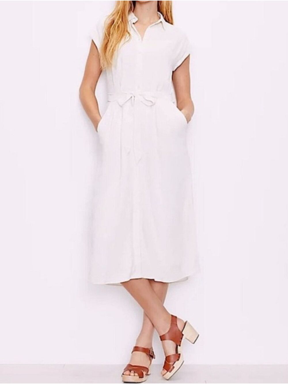 LOFT White Midi Shirt Dress with Tie Waist & Pockets SZ: 8 Neutral Color Tone